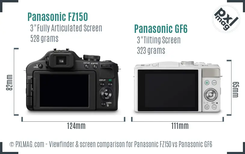 Panasonic FZ150 vs Panasonic GF6 Screen and Viewfinder comparison