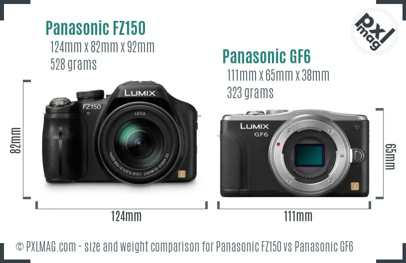 Panasonic FZ150 vs Panasonic GF6 size comparison