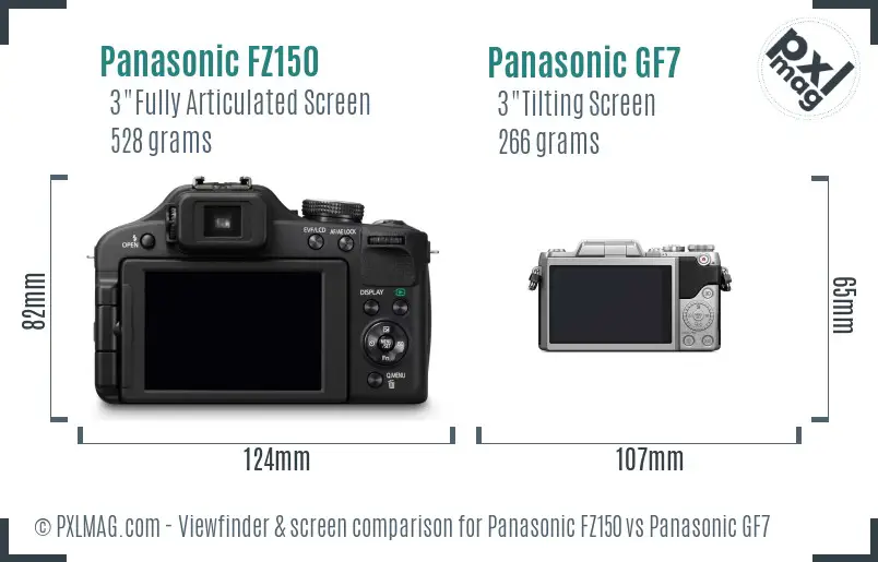 Panasonic FZ150 vs Panasonic GF7 Screen and Viewfinder comparison