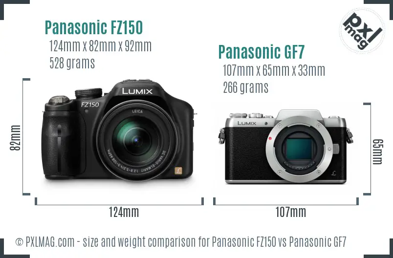 Panasonic FZ150 vs Panasonic GF7 size comparison