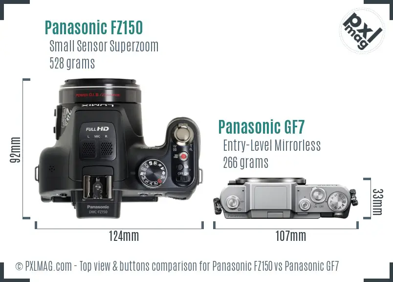 Panasonic FZ150 vs Panasonic GF7 top view buttons comparison