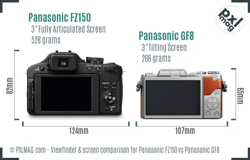 Panasonic FZ150 vs Panasonic GF8 Screen and Viewfinder comparison