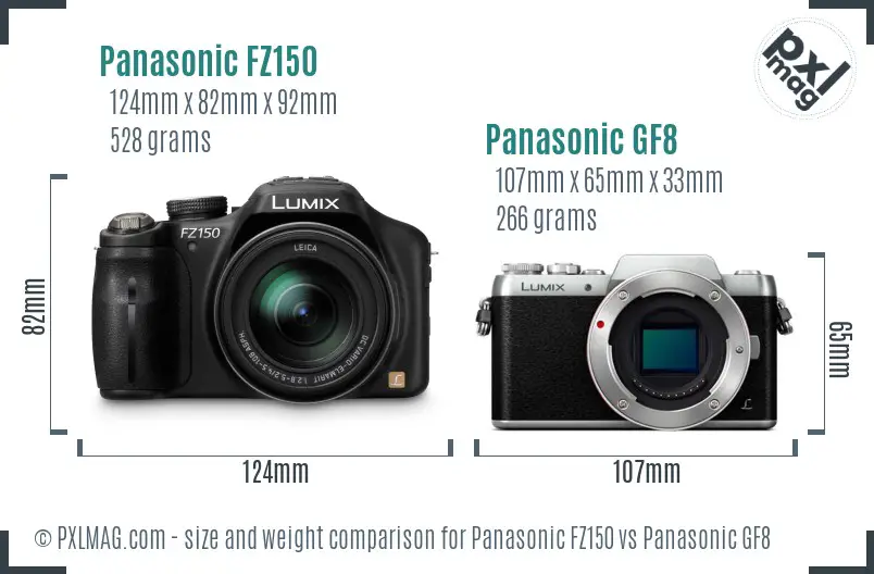 Panasonic FZ150 vs Panasonic GF8 size comparison