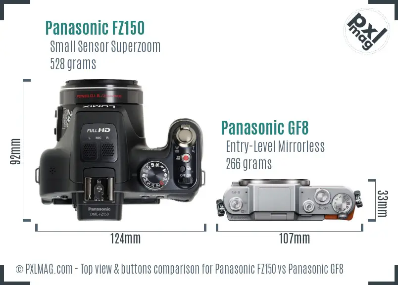 Panasonic FZ150 vs Panasonic GF8 top view buttons comparison