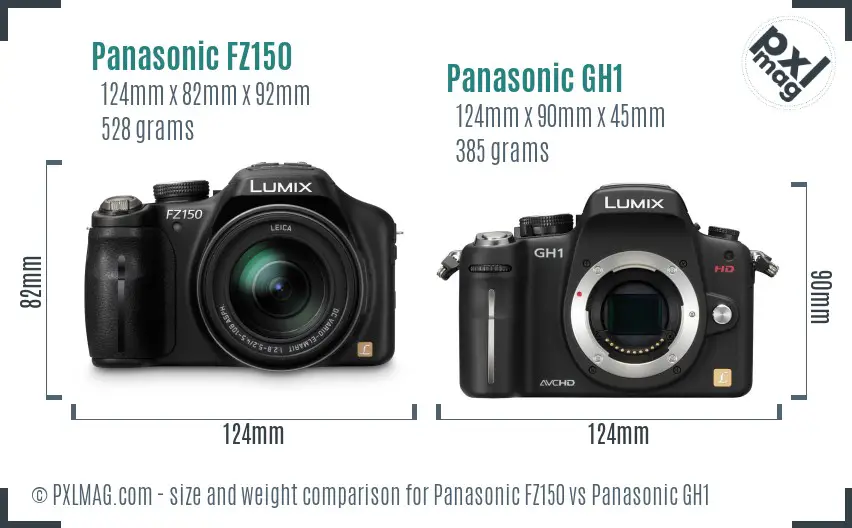 Panasonic FZ150 vs Panasonic GH1 size comparison