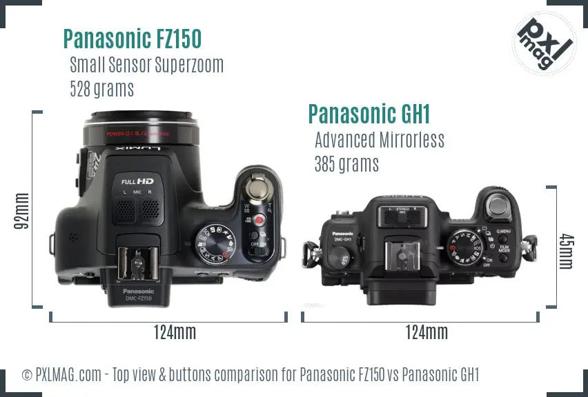 Panasonic FZ150 vs Panasonic GH1 top view buttons comparison