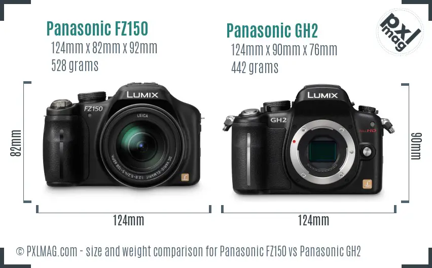 Panasonic FZ150 vs Panasonic GH2 size comparison