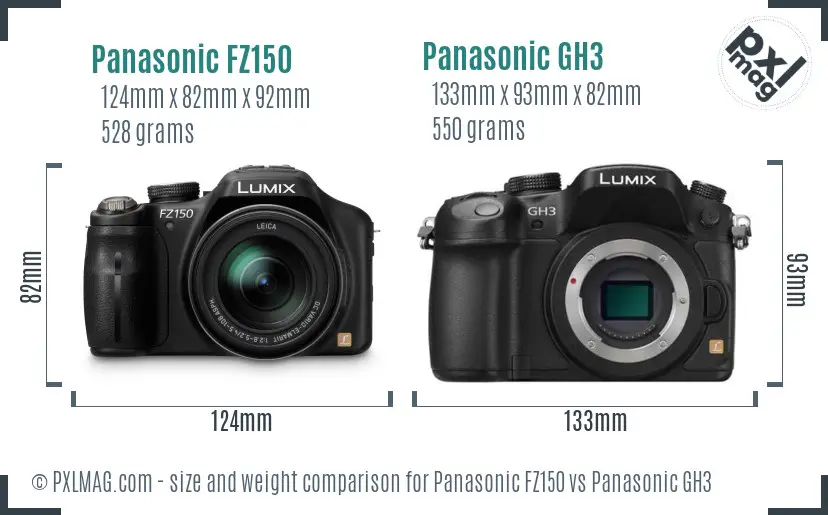 Panasonic FZ150 vs Panasonic GH3 size comparison
