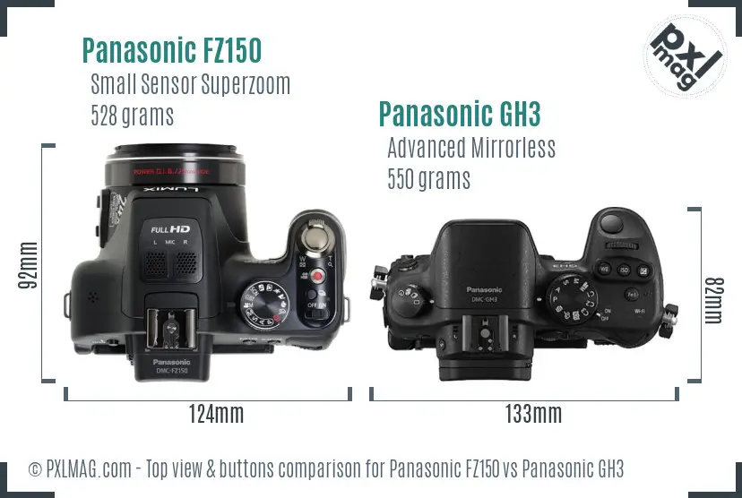 Panasonic FZ150 vs Panasonic GH3 top view buttons comparison