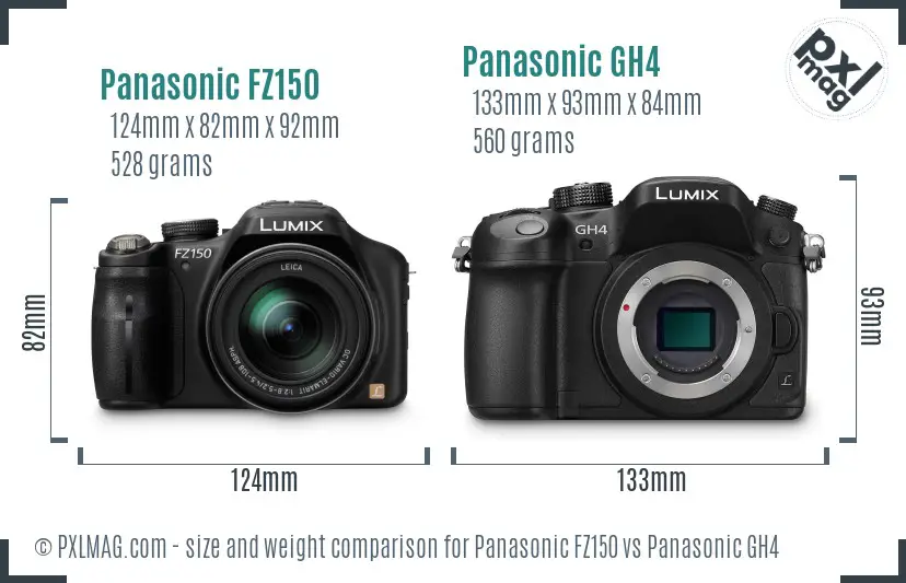 Panasonic FZ150 vs Panasonic GH4 size comparison