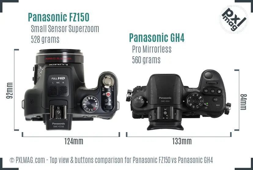 Panasonic FZ150 vs Panasonic GH4 top view buttons comparison