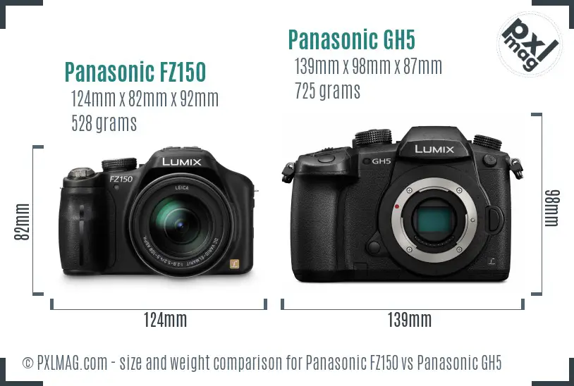 Panasonic FZ150 vs Panasonic GH5 size comparison