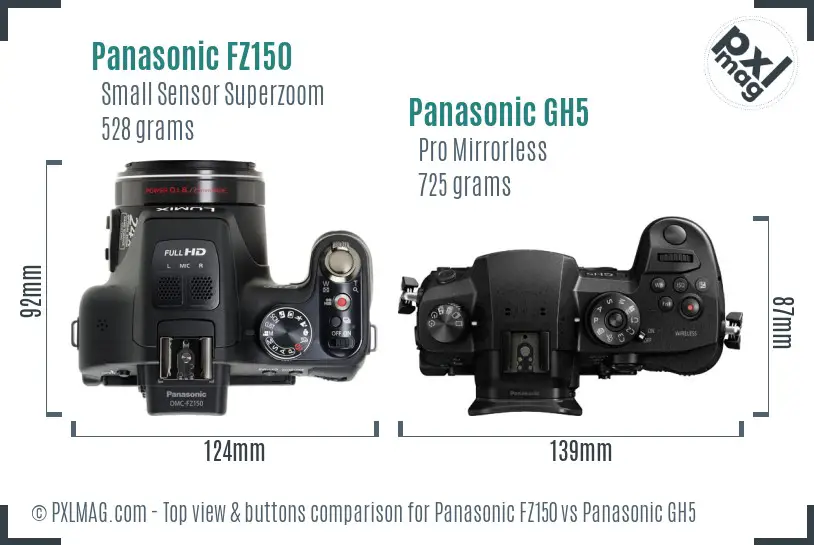 Panasonic FZ150 vs Panasonic GH5 top view buttons comparison