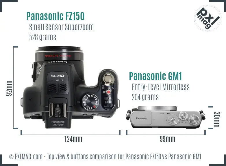 Panasonic FZ150 vs Panasonic GM1 top view buttons comparison