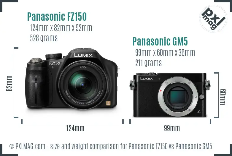 Panasonic FZ150 vs Panasonic GM5 size comparison
