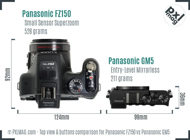 Panasonic FZ150 vs Panasonic GM5 top view buttons comparison