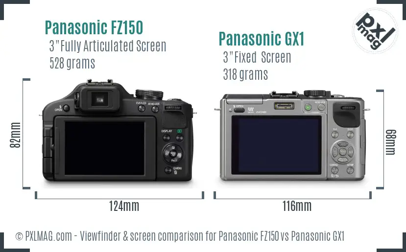 Panasonic FZ150 vs Panasonic GX1 Screen and Viewfinder comparison