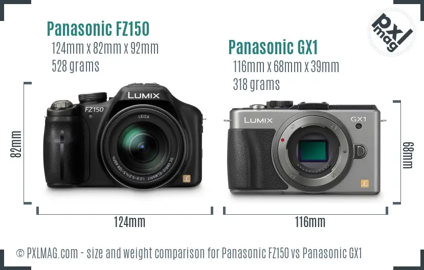 Panasonic FZ150 vs Panasonic GX1 size comparison