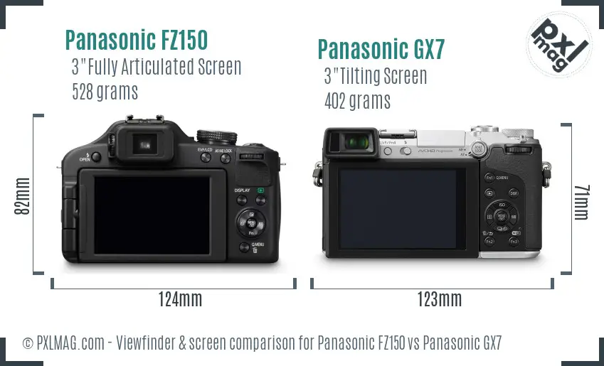 Panasonic FZ150 vs Panasonic GX7 Screen and Viewfinder comparison