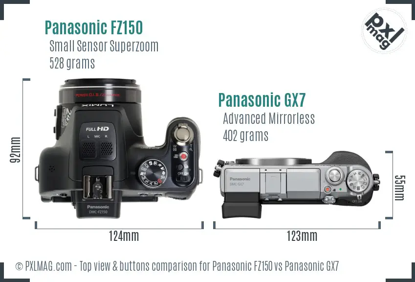 Panasonic FZ150 vs Panasonic GX7 top view buttons comparison