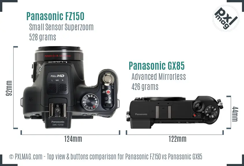 Panasonic FZ150 vs Panasonic GX85 top view buttons comparison