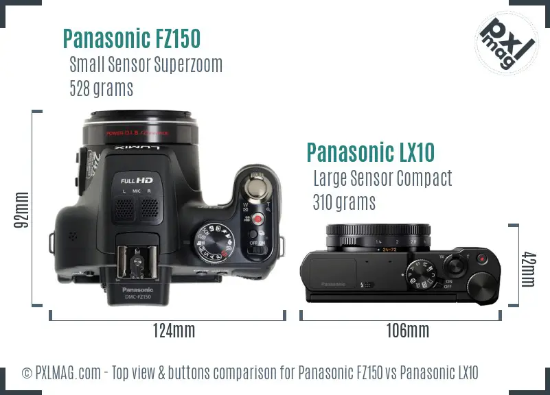 Panasonic FZ150 vs Panasonic LX10 top view buttons comparison