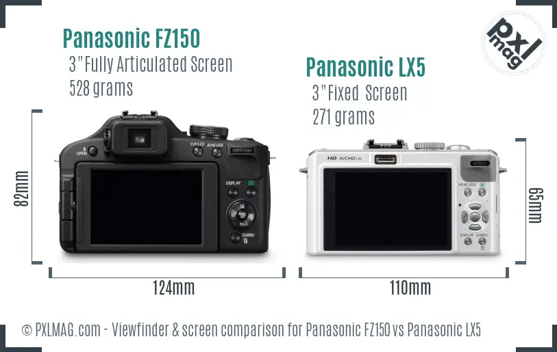 Panasonic FZ150 vs Panasonic LX5 Screen and Viewfinder comparison