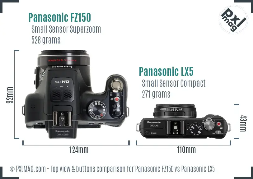 Panasonic FZ150 vs Panasonic LX5 top view buttons comparison