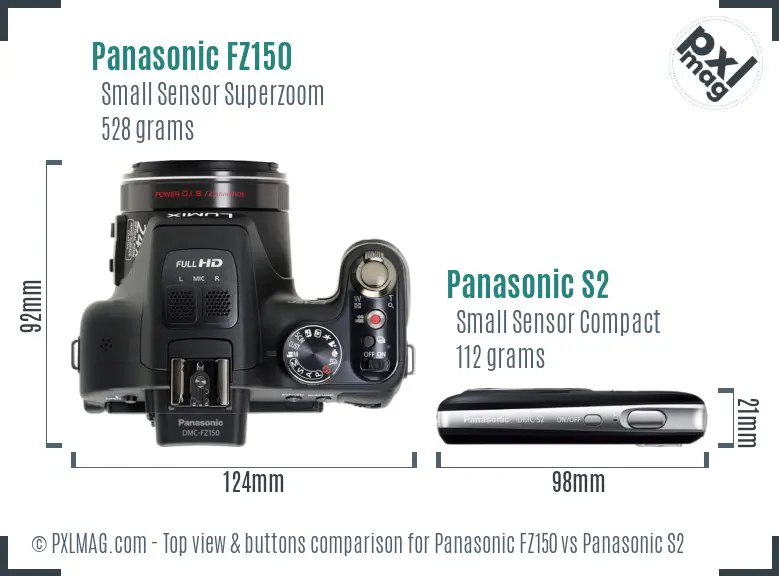 Panasonic FZ150 vs Panasonic S2 top view buttons comparison