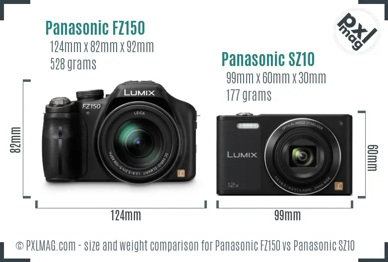 Panasonic FZ150 vs Panasonic SZ10 size comparison