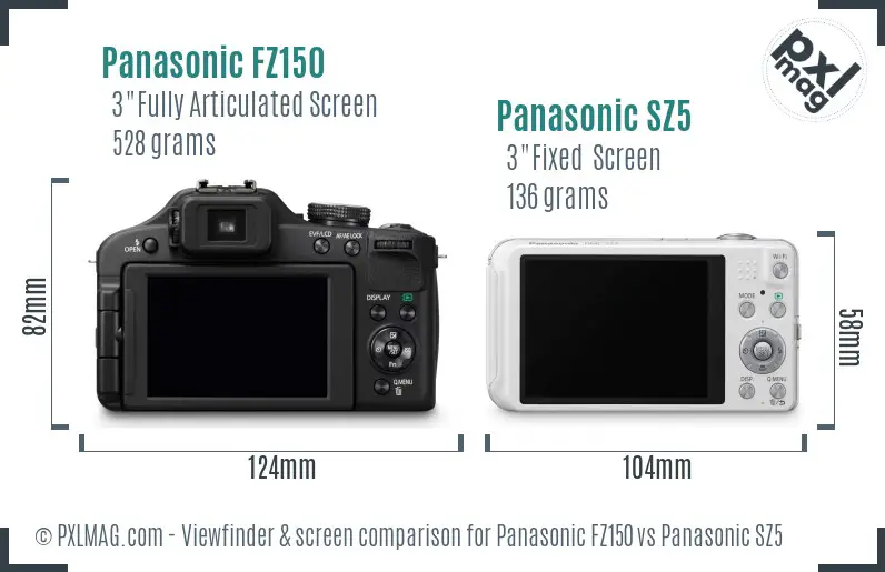 Panasonic FZ150 vs Panasonic SZ5 Screen and Viewfinder comparison