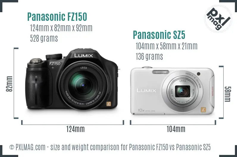 Panasonic FZ150 vs Panasonic SZ5 size comparison
