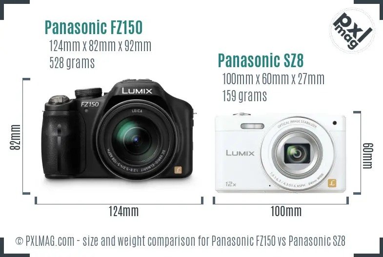 Panasonic FZ150 vs Panasonic SZ8 size comparison