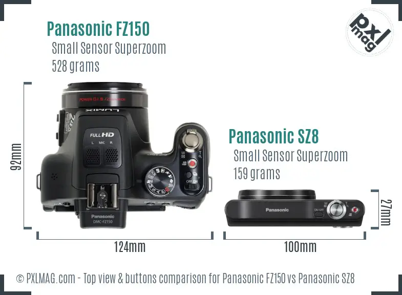 Panasonic FZ150 vs Panasonic SZ8 top view buttons comparison