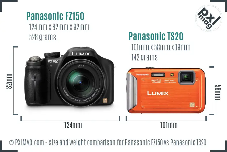 Panasonic FZ150 vs Panasonic TS20 size comparison