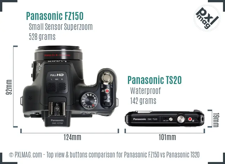 Panasonic FZ150 vs Panasonic TS20 top view buttons comparison
