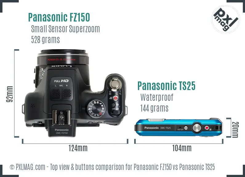 Panasonic FZ150 vs Panasonic TS25 top view buttons comparison