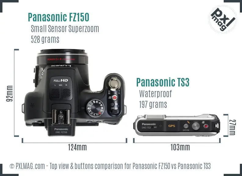 Panasonic FZ150 vs Panasonic TS3 top view buttons comparison