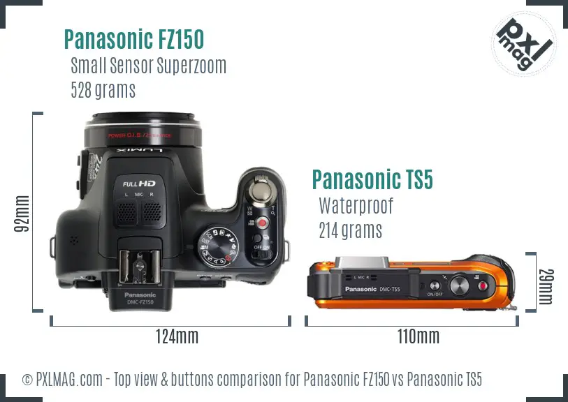 Panasonic FZ150 vs Panasonic TS5 top view buttons comparison