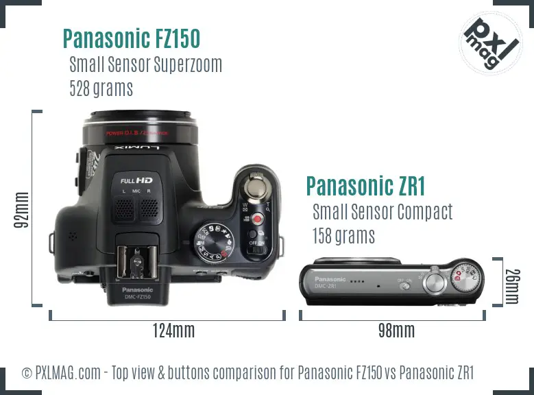 Panasonic FZ150 vs Panasonic ZR1 top view buttons comparison