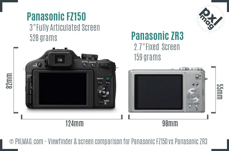 Panasonic FZ150 vs Panasonic ZR3 Screen and Viewfinder comparison