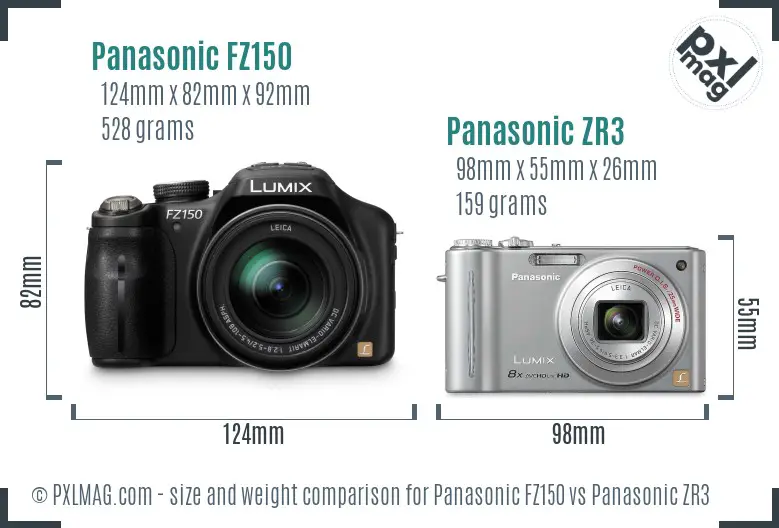 Panasonic FZ150 vs Panasonic ZR3 size comparison