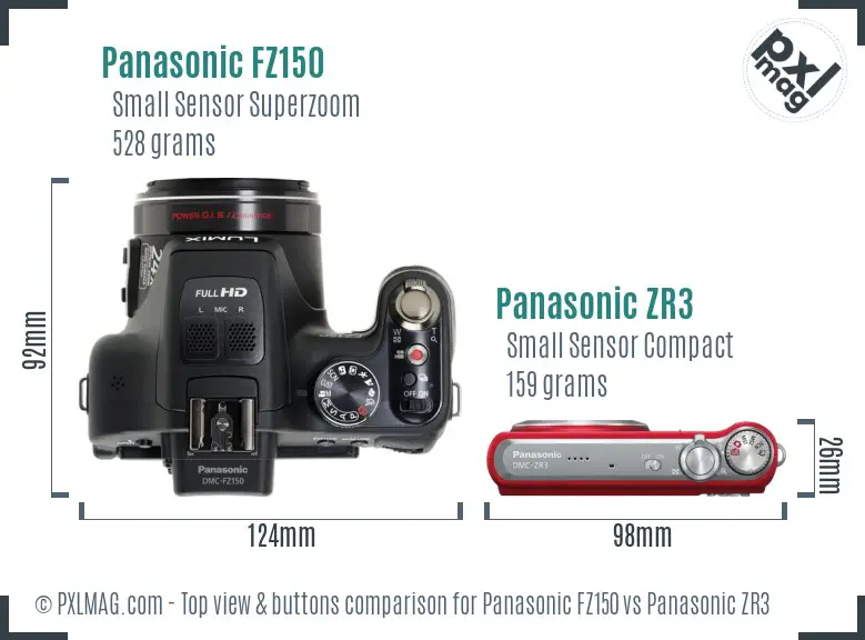 Panasonic FZ150 vs Panasonic ZR3 top view buttons comparison