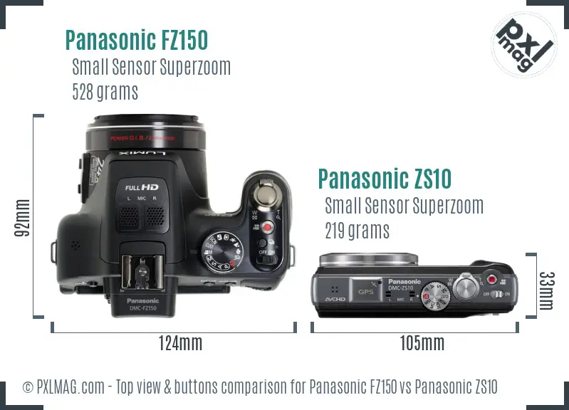 Panasonic FZ150 vs Panasonic ZS10 top view buttons comparison