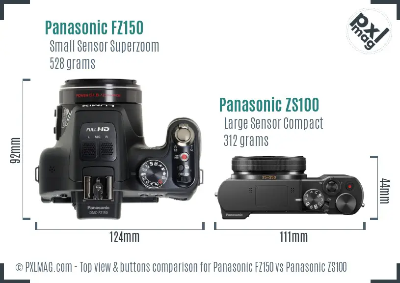 Panasonic FZ150 vs Panasonic ZS100 top view buttons comparison