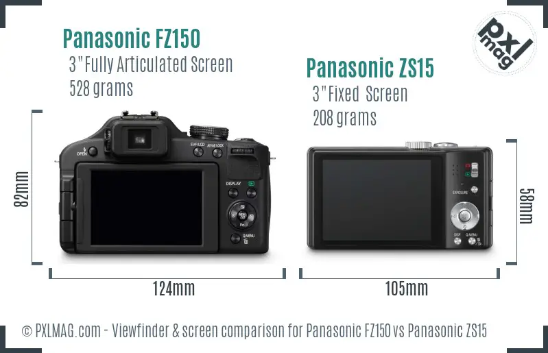 Panasonic FZ150 vs Panasonic ZS15 Screen and Viewfinder comparison