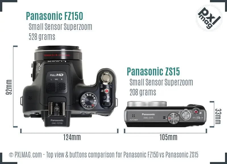 Panasonic FZ150 vs Panasonic ZS15 top view buttons comparison