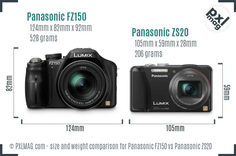 Panasonic FZ150 vs Panasonic ZS20 size comparison