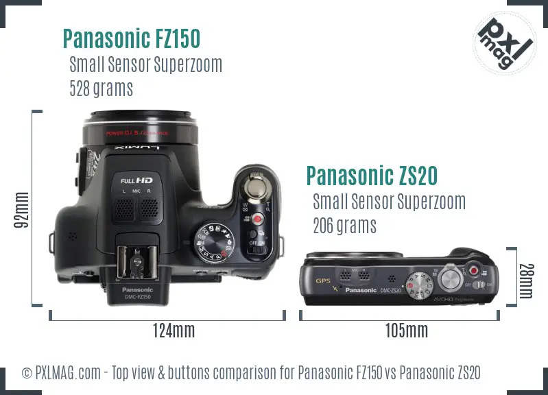 Panasonic FZ150 vs Panasonic ZS20 top view buttons comparison