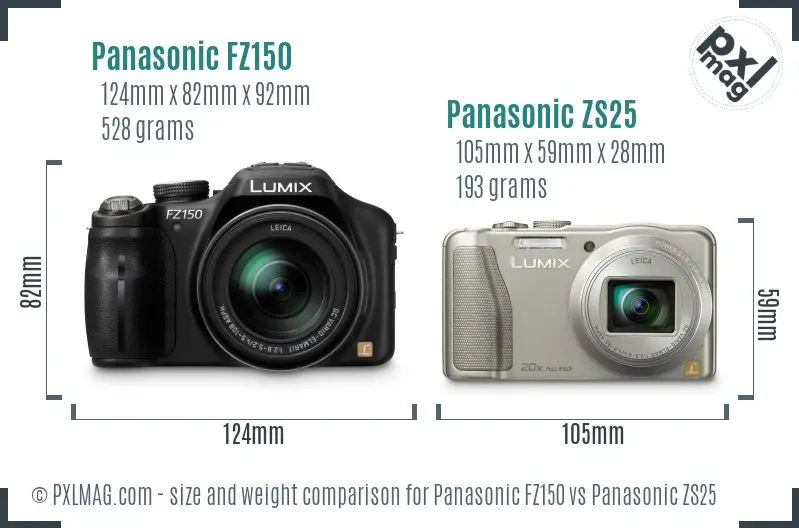 Panasonic FZ150 vs Panasonic ZS25 size comparison